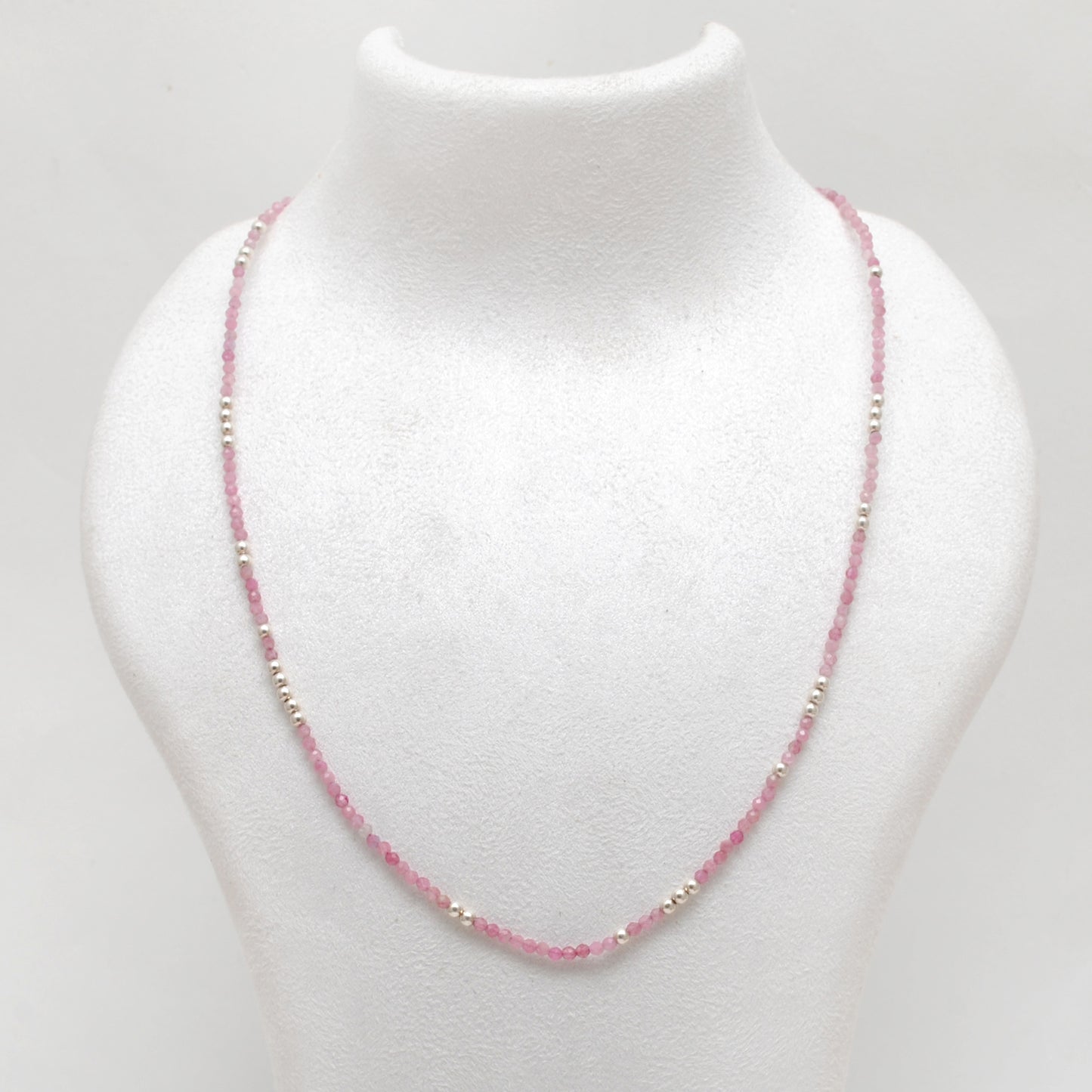 925 Sterling Silver Pink Tourmaline Beaded Necklace – 2mm Faceted Gemstone