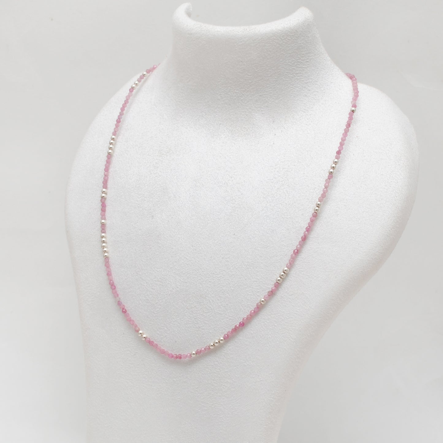 925 Sterling Silver Pink Tourmaline Beaded Necklace – 2mm Faceted Gemstone