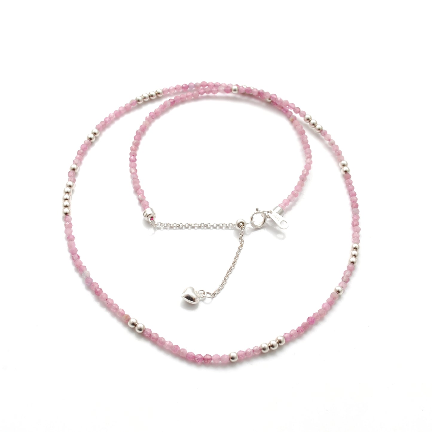 925 Sterling Silver Pink Tourmaline Beaded Necklace – 2mm Faceted Gemstone