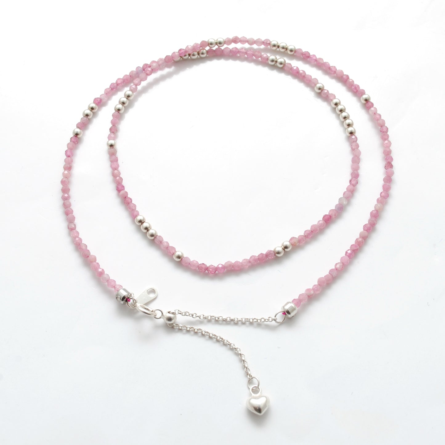 925 Sterling Silver Pink Tourmaline Beaded Necklace – 2mm Faceted Gemstone