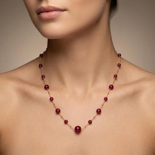 Natural Ruby Ball Beads 18k Gold Necklace