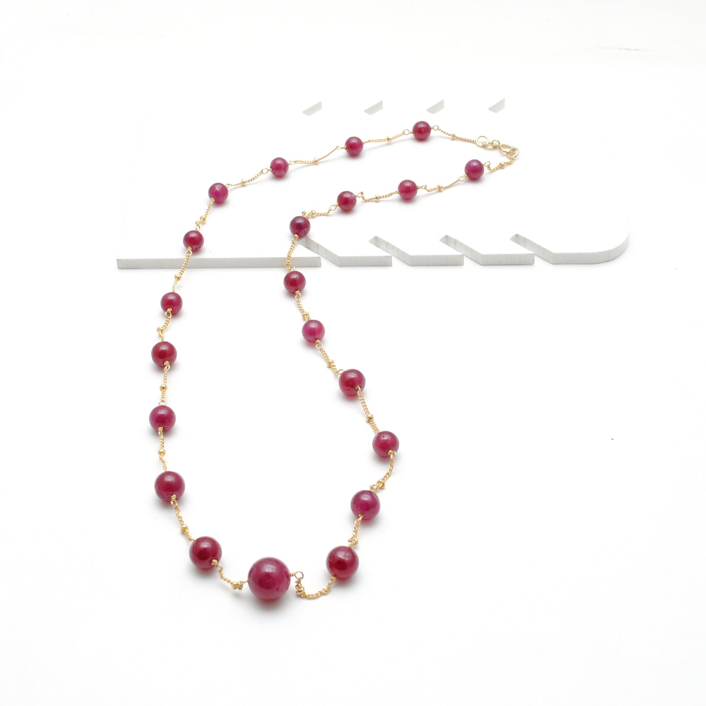 Sterling Silver Beaded Necklace with 18k Gold Plated Ruby Beads
