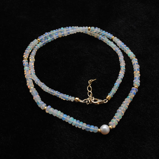 925 Sterling Silver Opal & Freshwater Pearl Beaded Necklace, - view 3