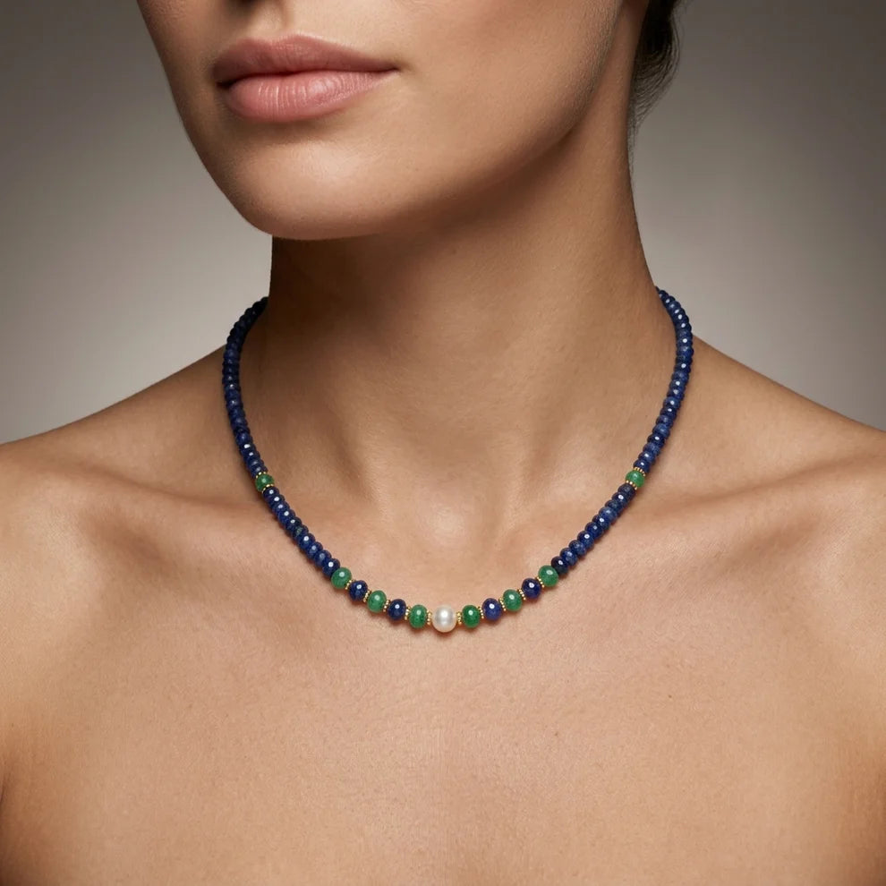 Emerald, Blue Sapphire & Pearl Beaded Necklace, 925 Silver, Handmade Gift