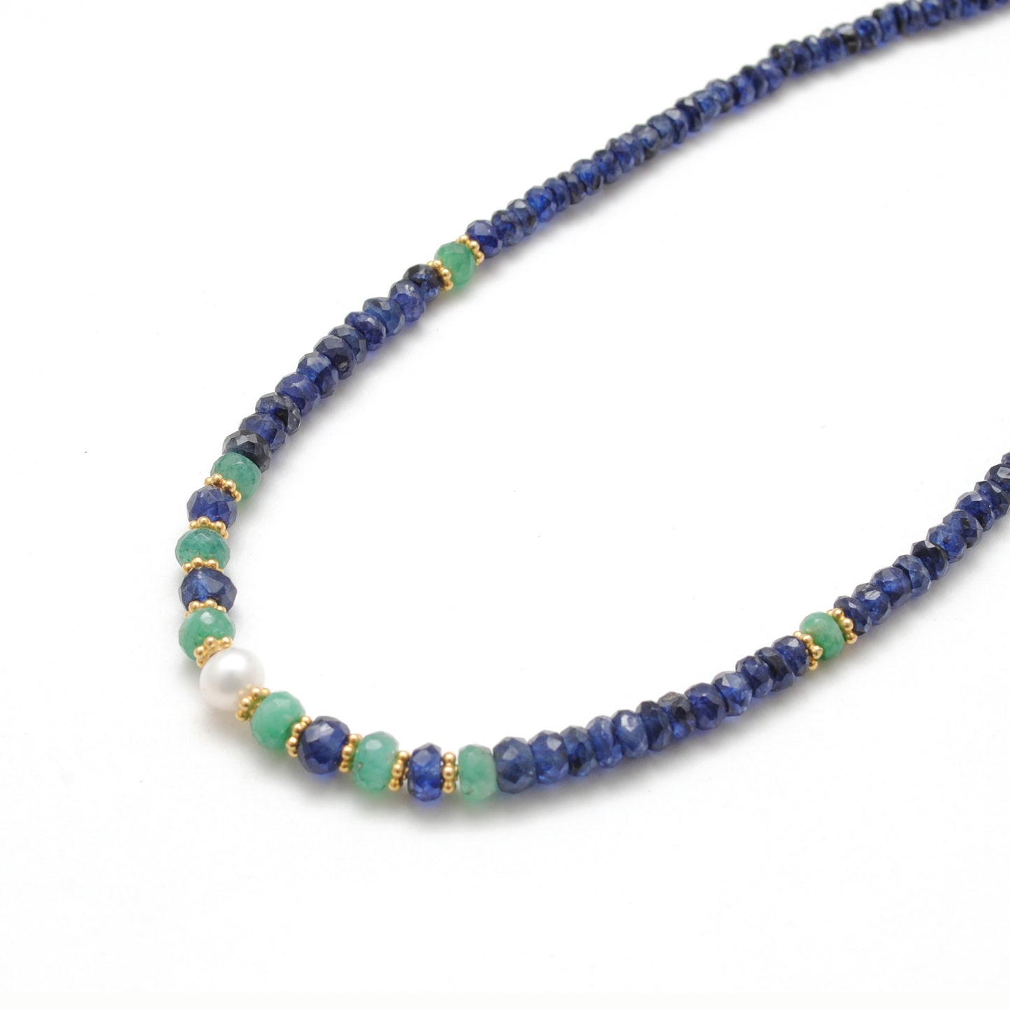 Natural Emerald Beaded Necklace with Blue Sapphire Silver Choker