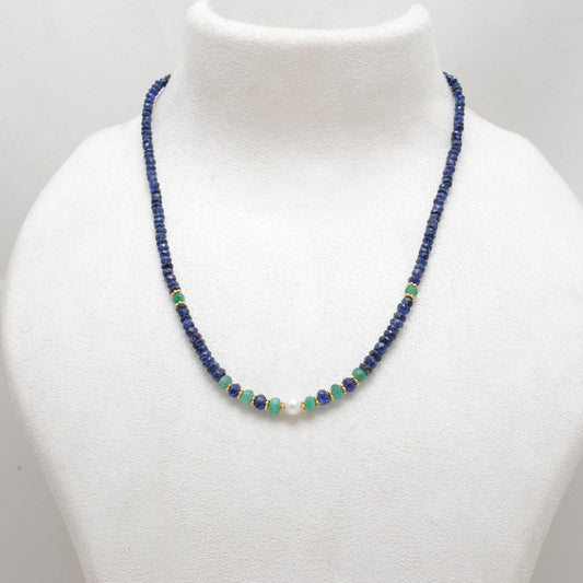 Natural Emerald Beaded Necklace with Blue Sapphire Silver Choker