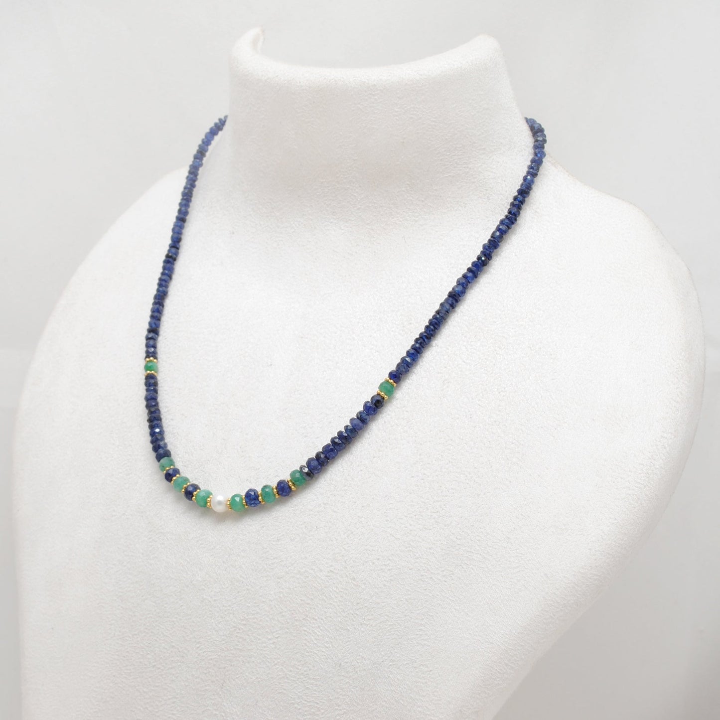Emerald, Blue Sapphire & Pearl Beaded Necklace, 925 Silver, Handmade Gift