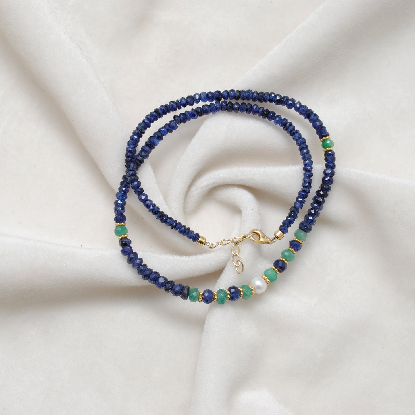 Natural Emerald Beaded Necklace with Blue Sapphire Silver Choker