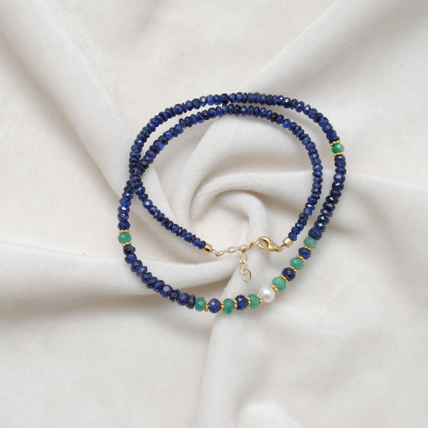 Emerald, Blue Sapphire & Pearl Beaded Necklace, 925 Silver, Handmade Gift