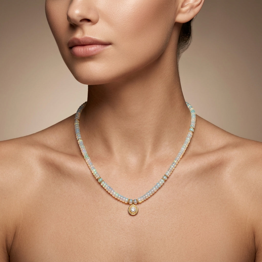 Ethiopian Opal Beaded Necklace – 18" Sterling Silver Choker with Rose Cut Diamond Pendant