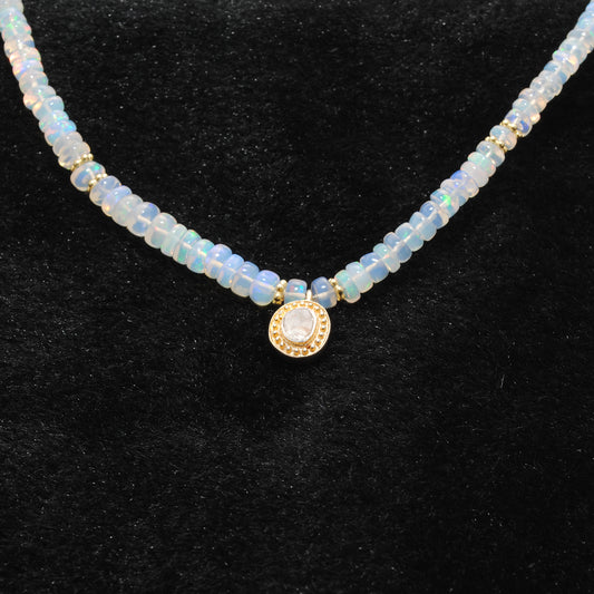 Ethiopian Opal Beaded Necklace – 18" Sterling Silver Choker with Rose Cut Diamond Pendant - view 3