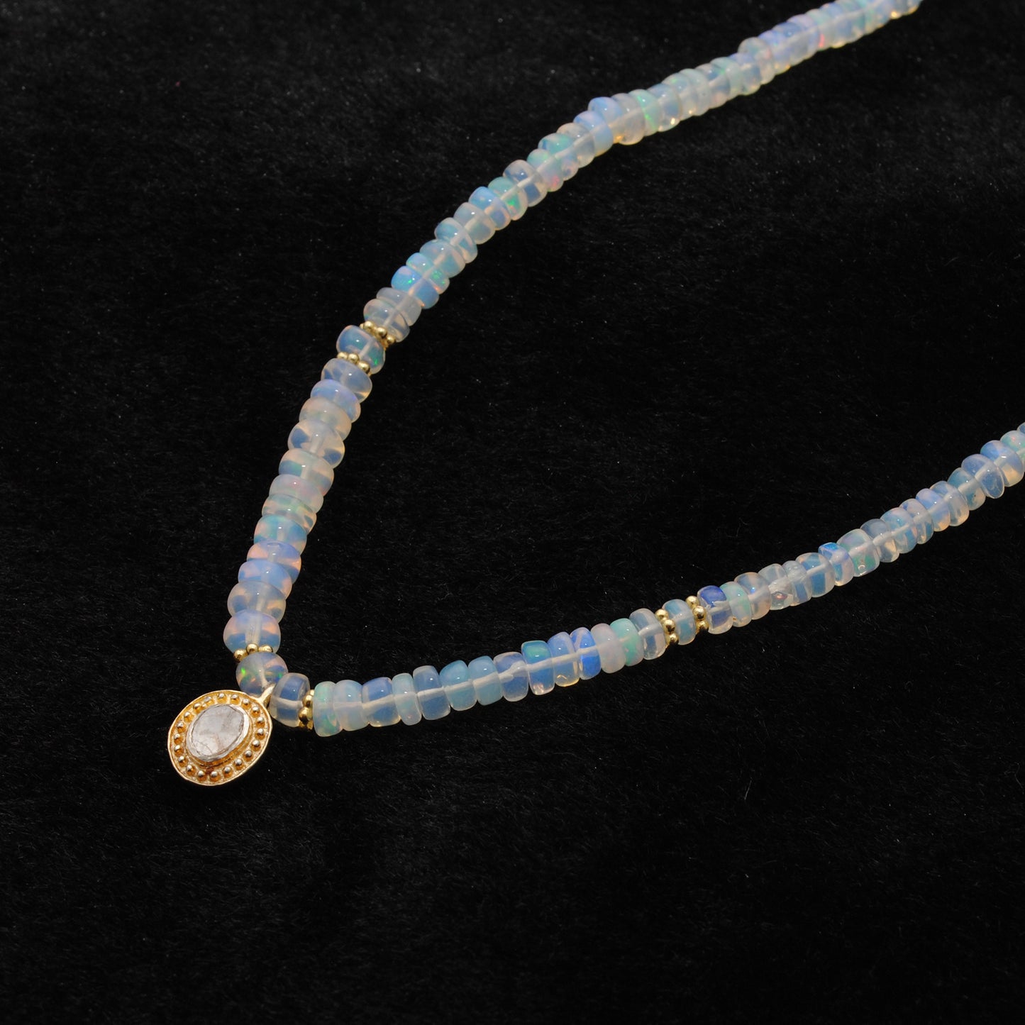 Ethiopian Opal Beaded Necklace – 18" Sterling Silver Choker with Rose Cut Diamond Pendant