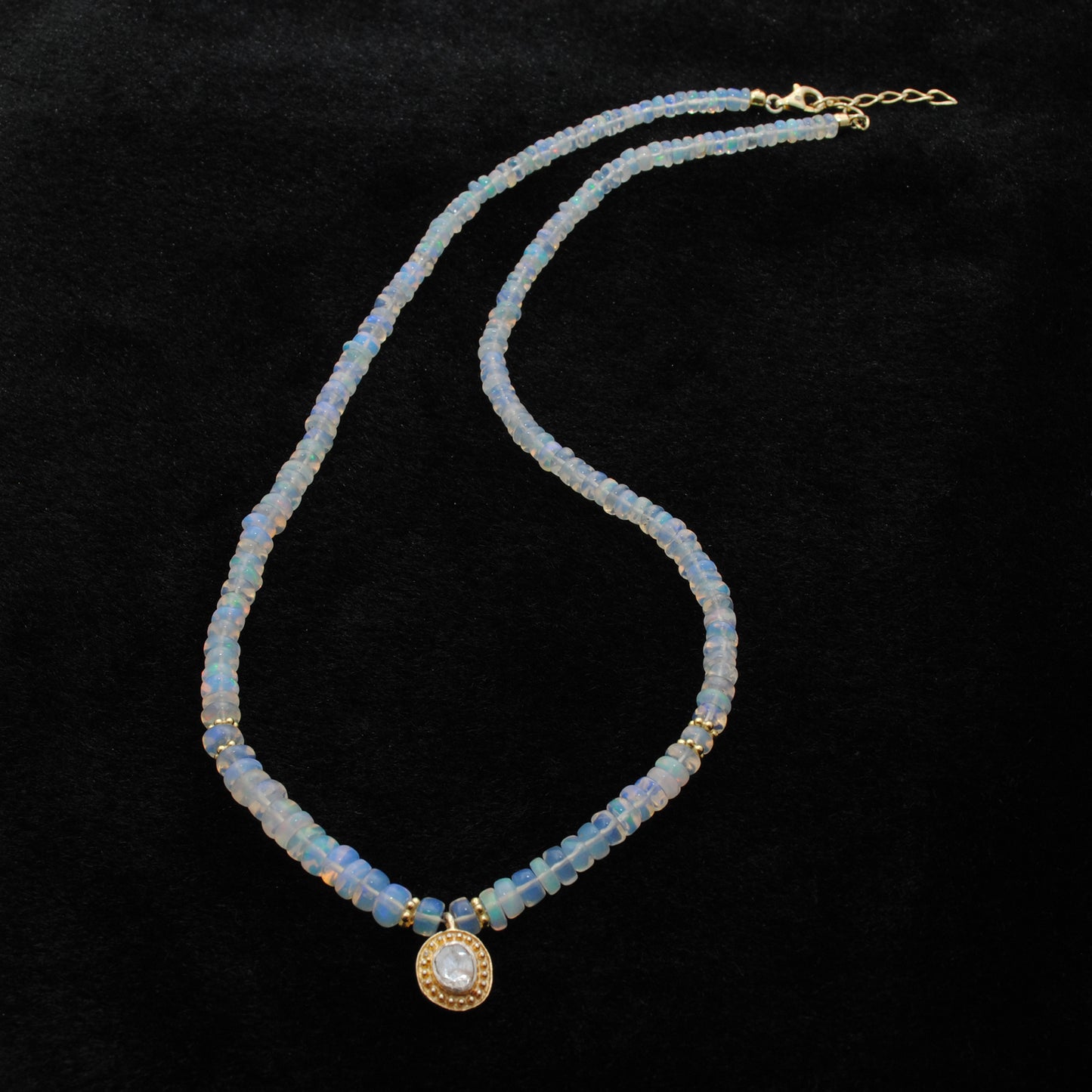 Ethiopian Opal Beaded Necklace – 18" Sterling Silver Choker with Rose Cut Diamond Pendant