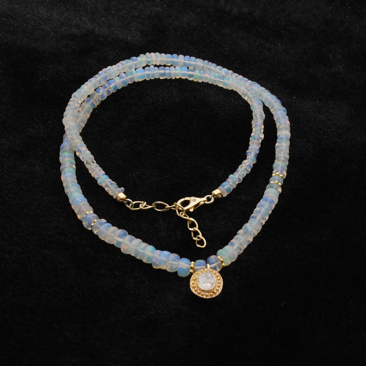 Ethiopian Opal Beaded Necklace – 18" Sterling Silver Choker with Rose Cut Diamond Pendant