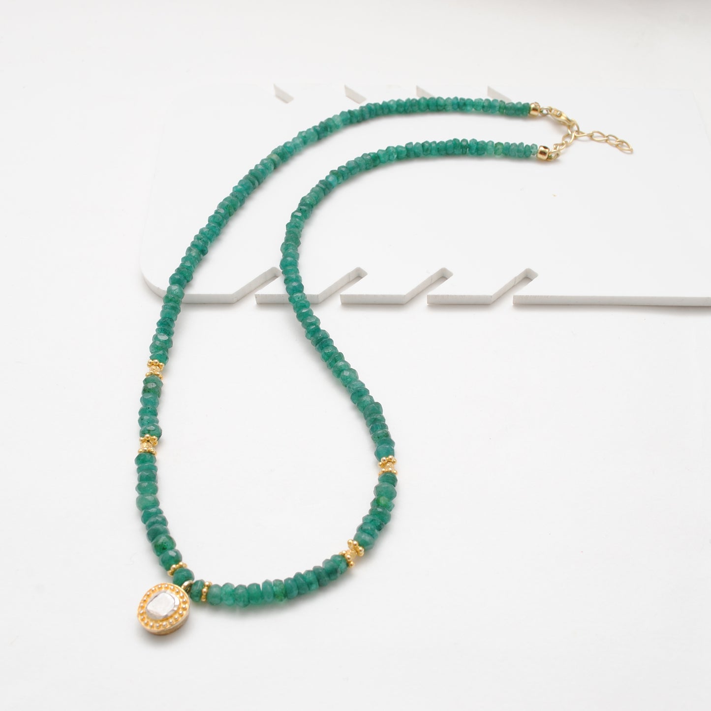 Natural Emerald & Rose Cut Diamond Pendant Necklace