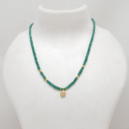 Natural Emerald & Rose Cut Diamond Pendant Necklace