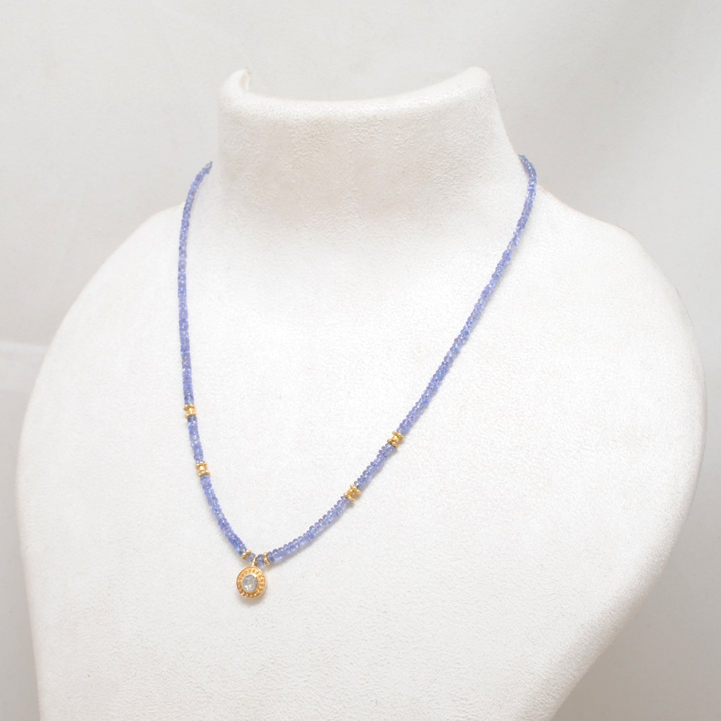 Tanzanite Beads Necklace with Uncut Diamond Pendant