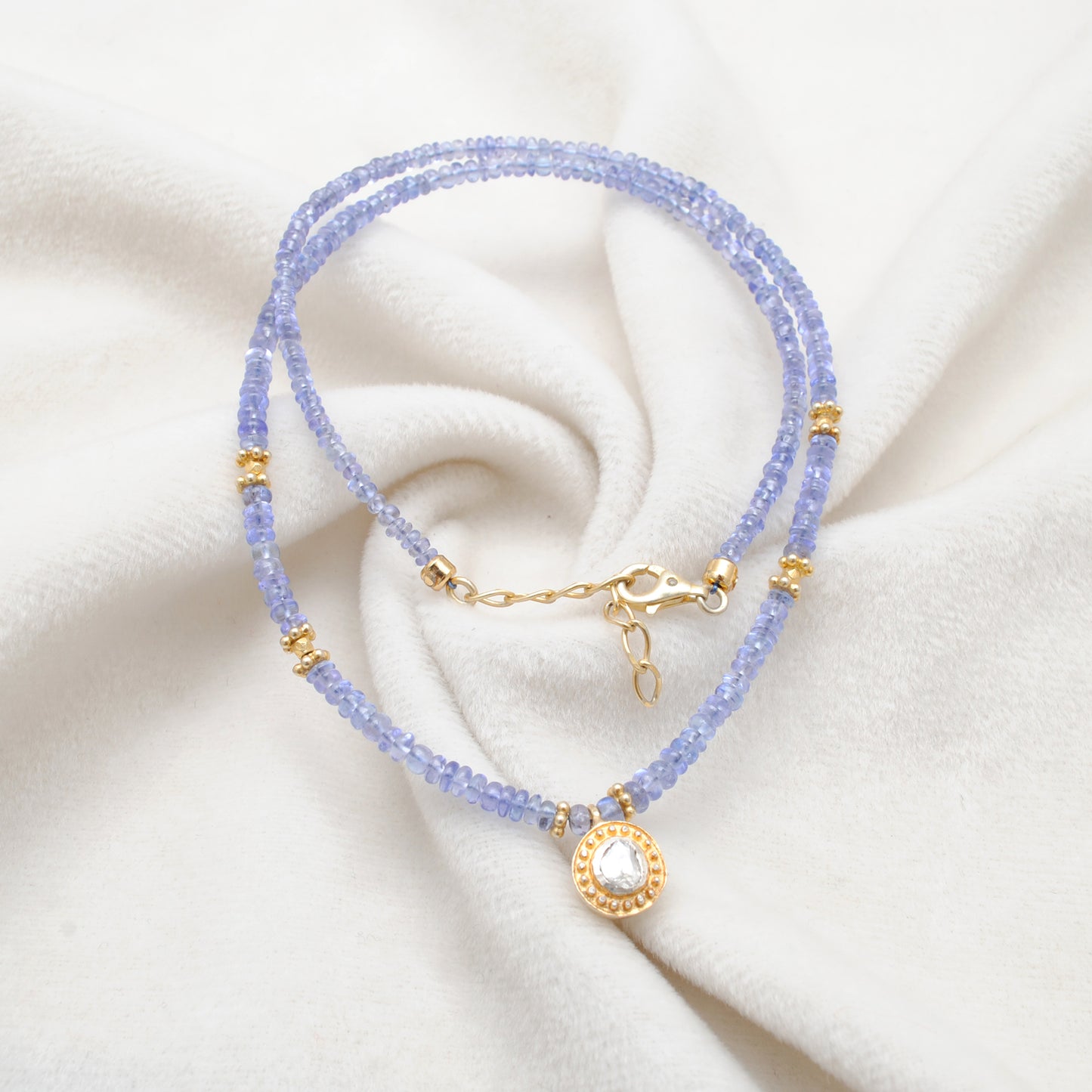 Tanzanite Beads Necklace with Uncut Diamond Pendant