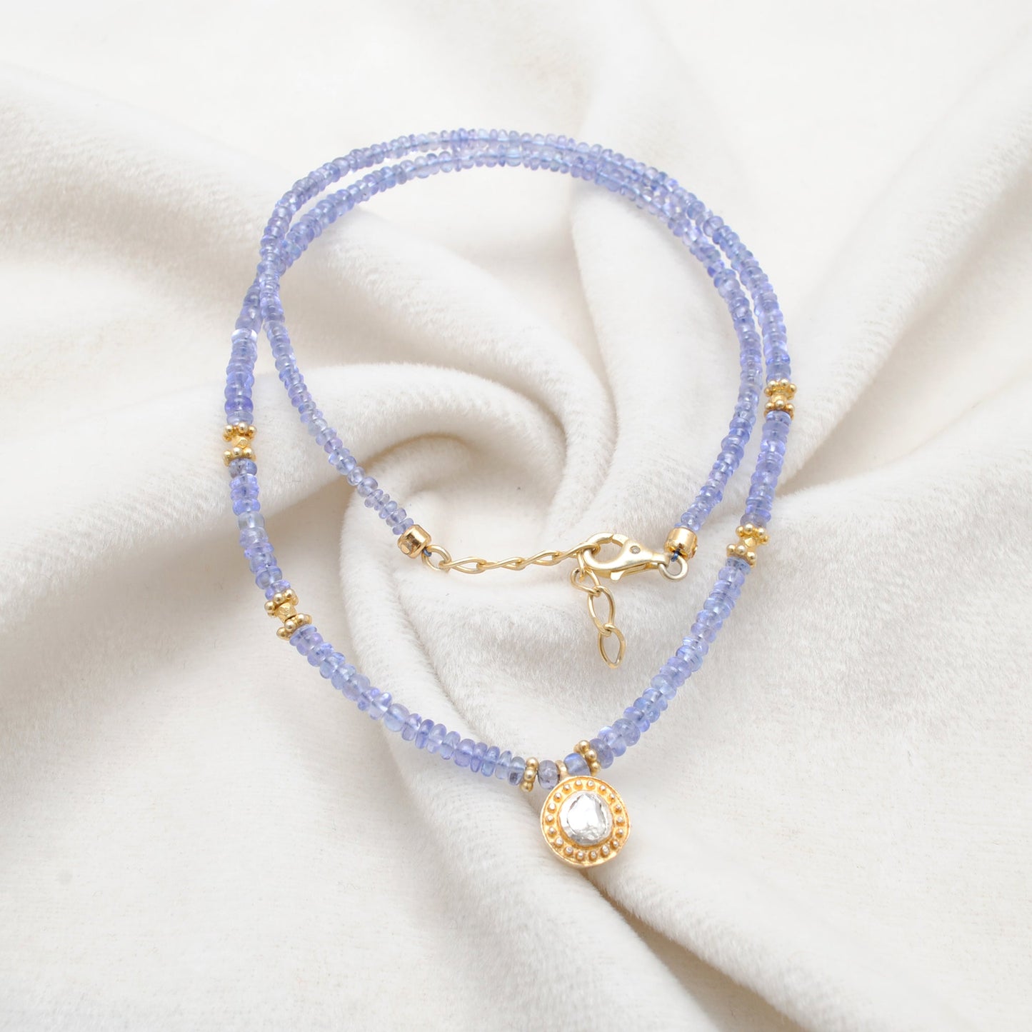 925 Sterling Silver Tanzanite Necklace with Rose Cut Diamond Pendant