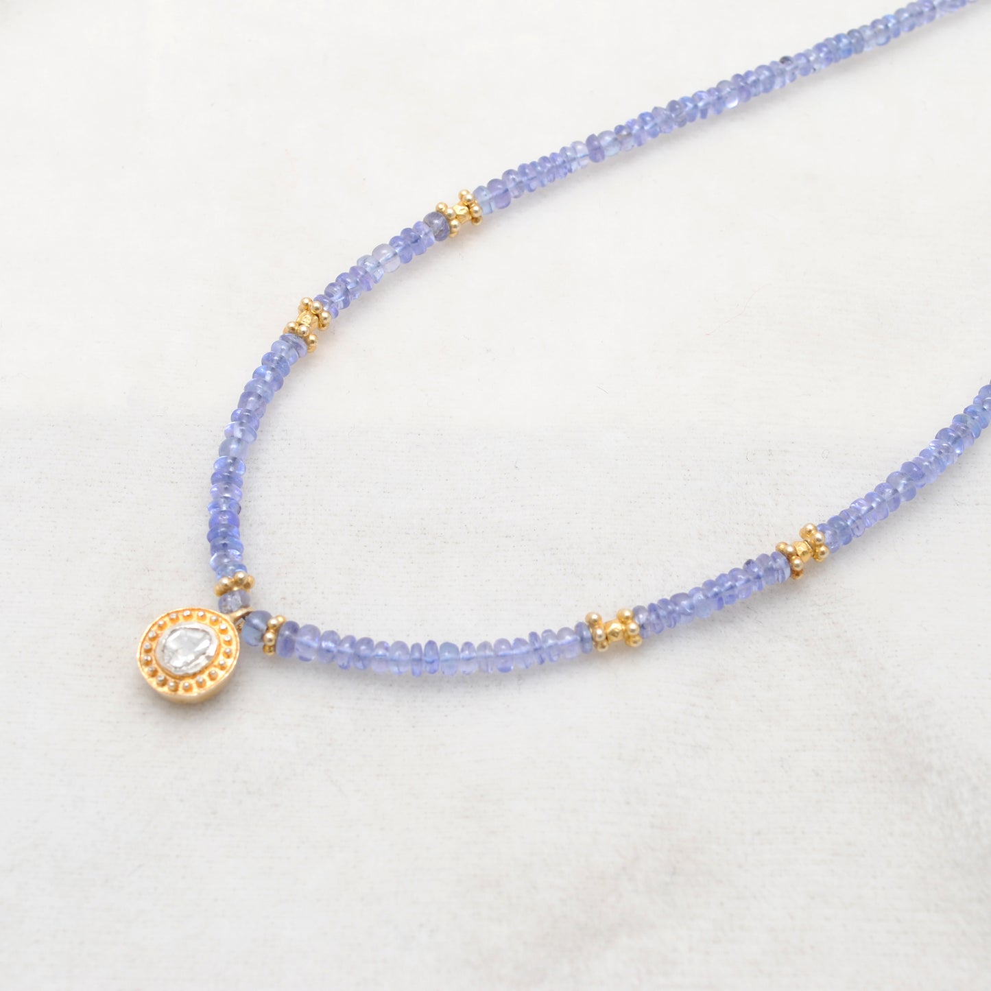 Tanzanite Beads Necklace with Uncut Diamond Pendant