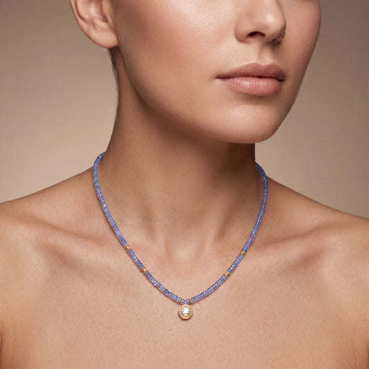 925 Sterling Silver Tanzanite Necklace with Rose Cut Diamond Pendant