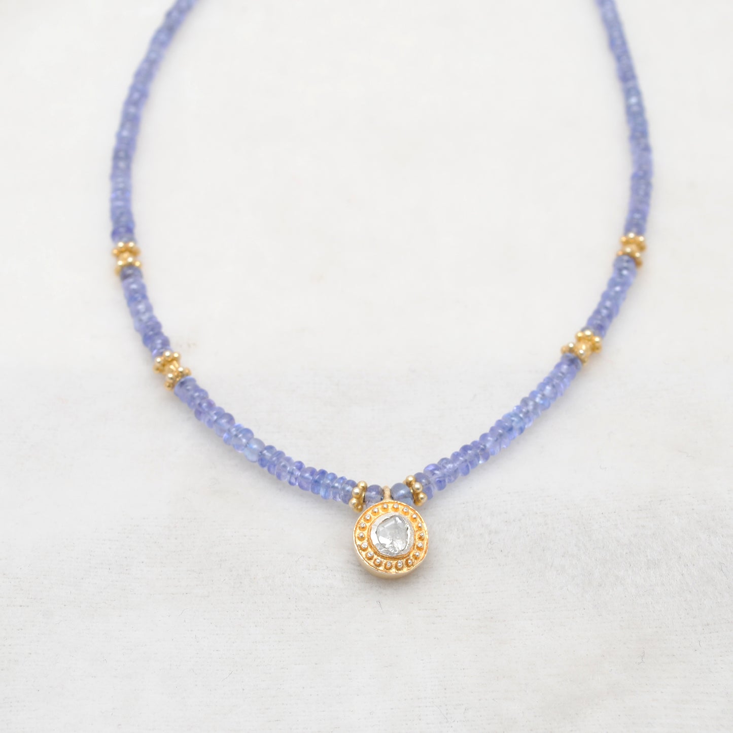 Tanzanite Beads Necklace with Uncut Diamond Pendant