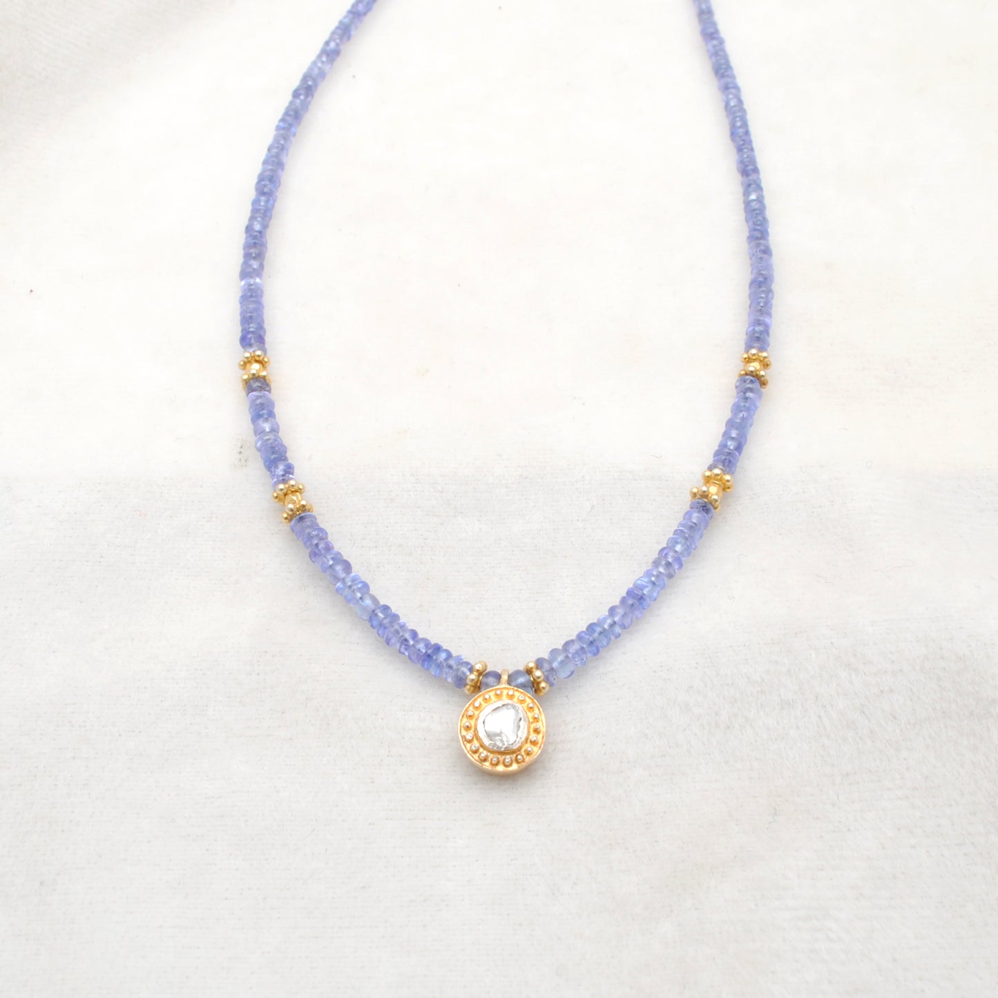 Tanzanite Beads Necklace with Uncut Diamond Pendant