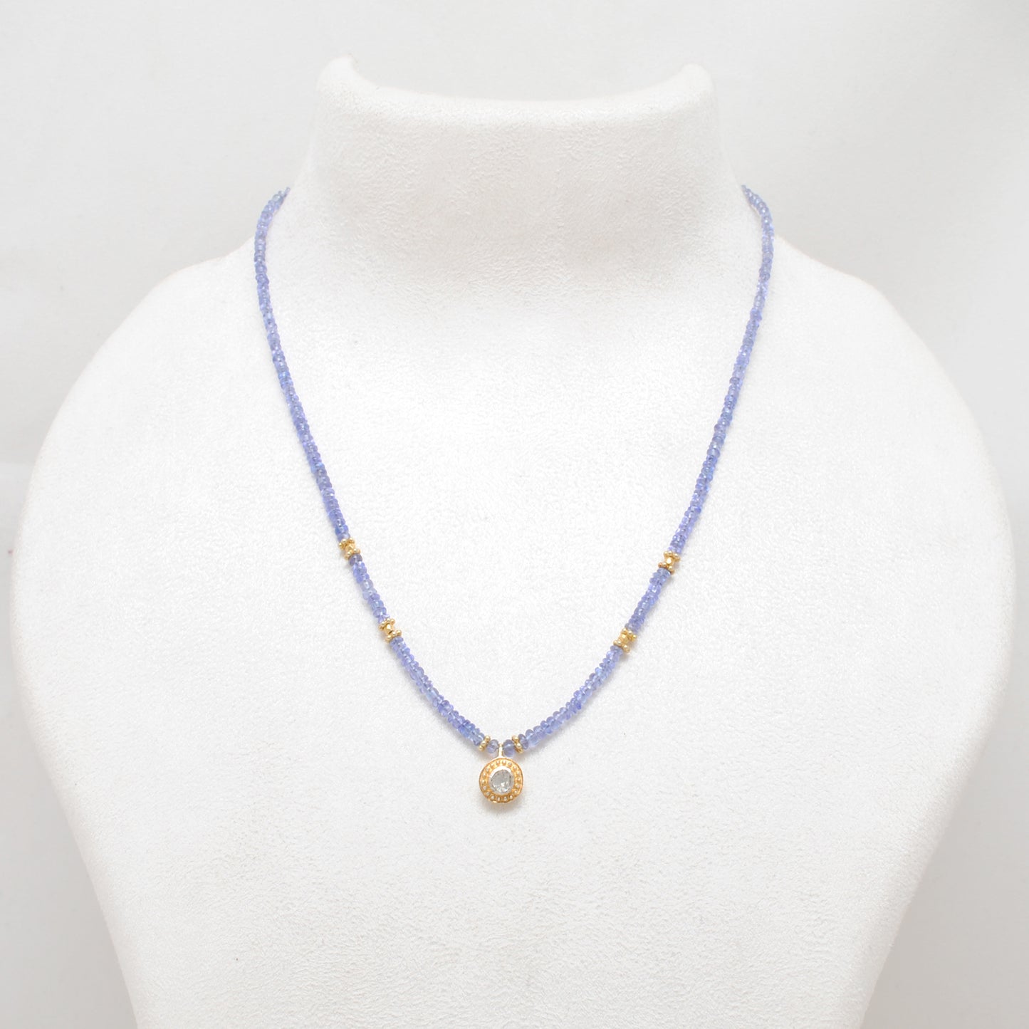 Tanzanite Beads Necklace with Uncut Diamond Pendant