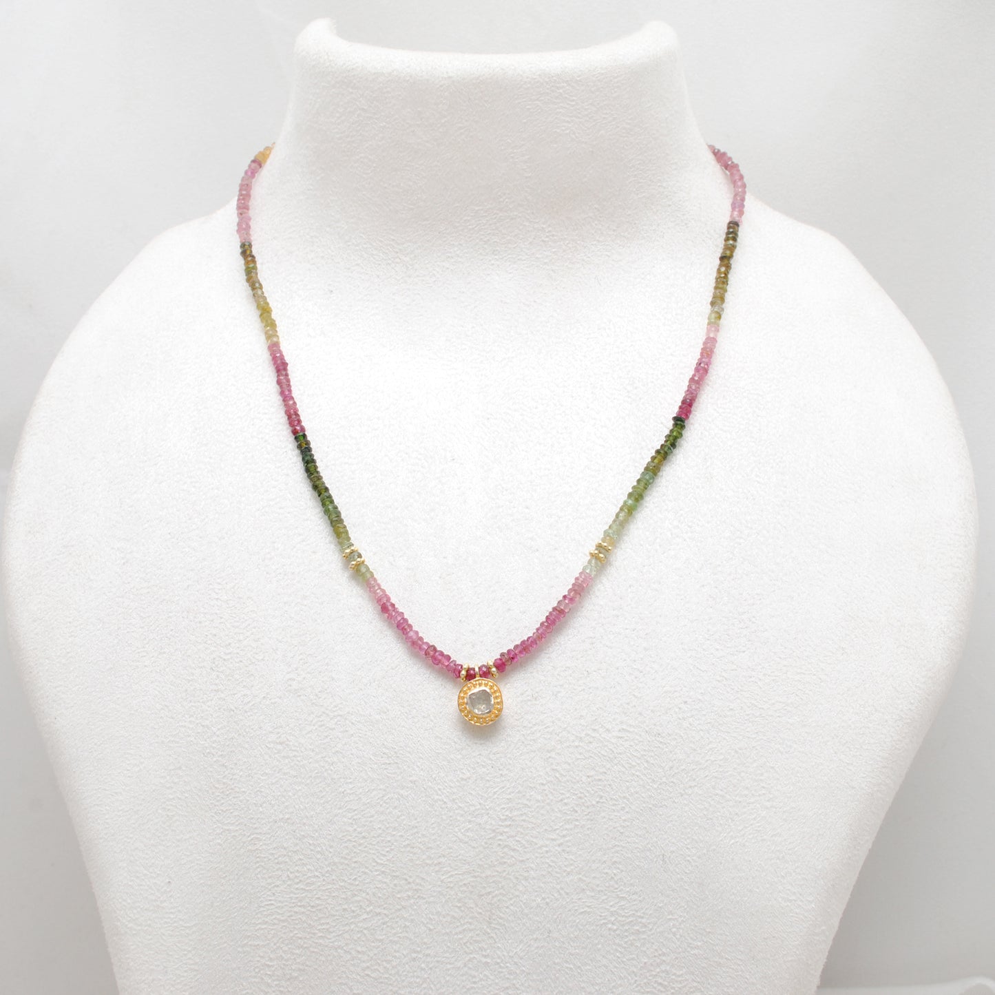 Natural Multi Tourmaline Beaded Necklace with Diamond Pendant