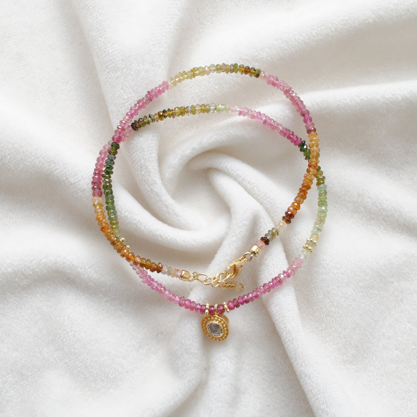 Natural Multi Tourmaline Beaded Necklace with Diamond Pendant