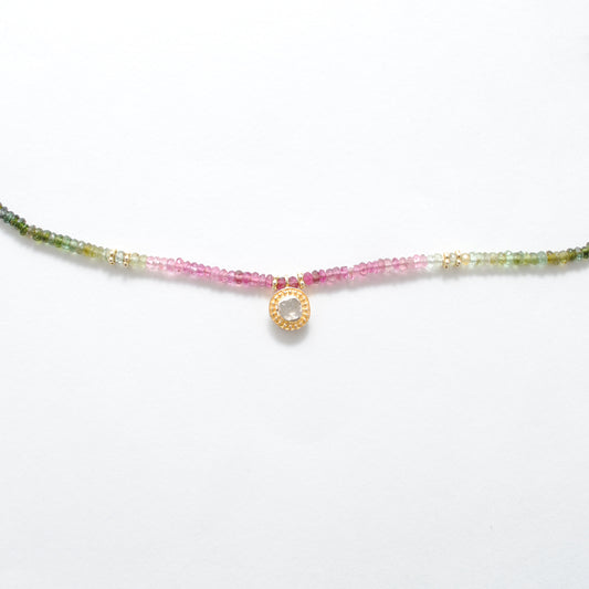 Natural Multi Tourmaline Beaded Necklace with Diamond Pendant - view 3