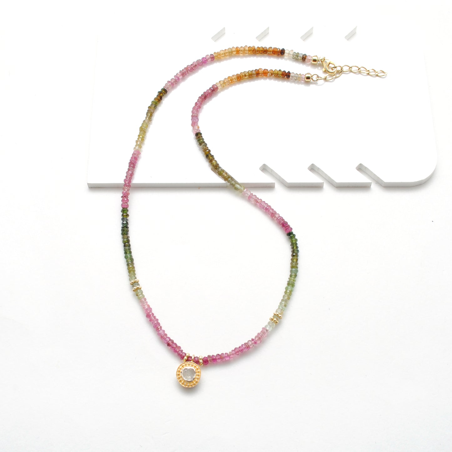Natural Multi Tourmaline Beaded Necklace with Diamond Pendant