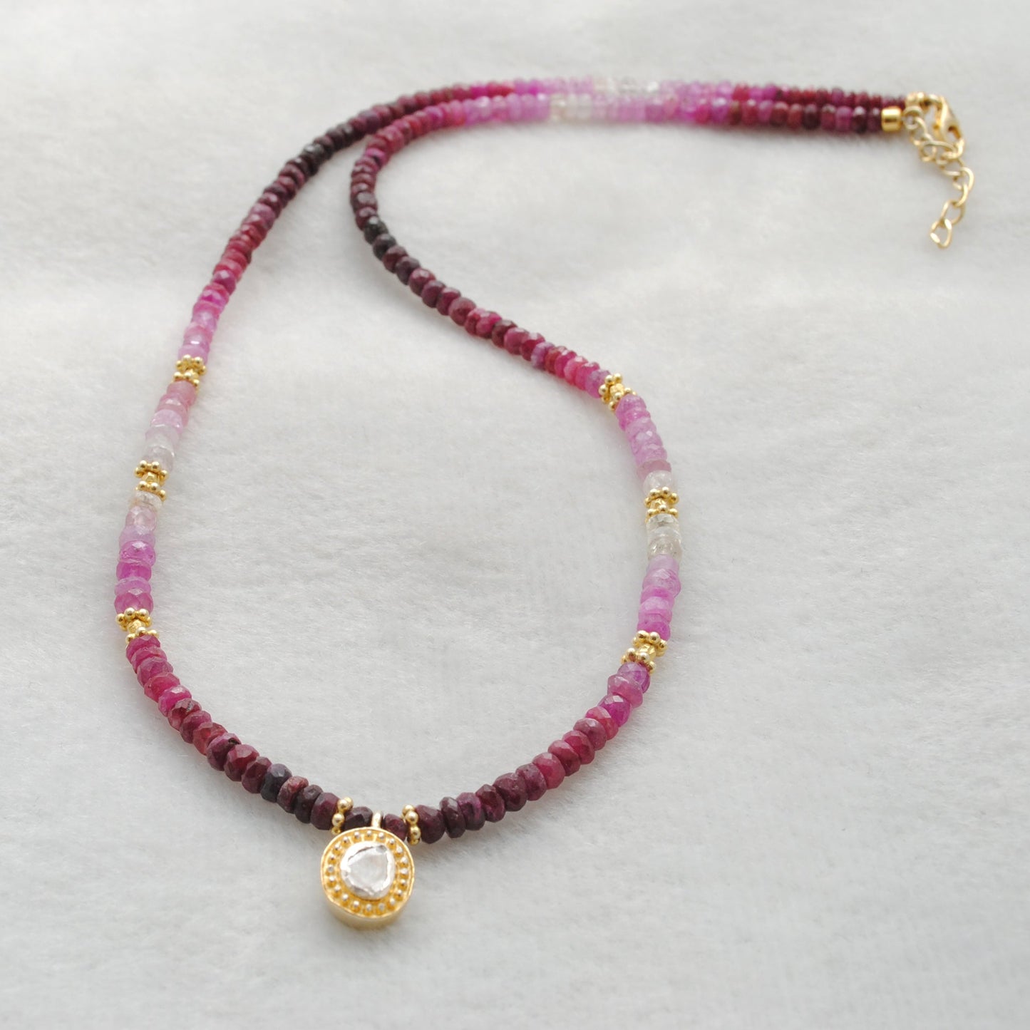 Genuine Ombre Ruby Beaded Necklace with Uncut Diamond Pendant, 925 Sterling Silver, Handmade Jewelry Gift