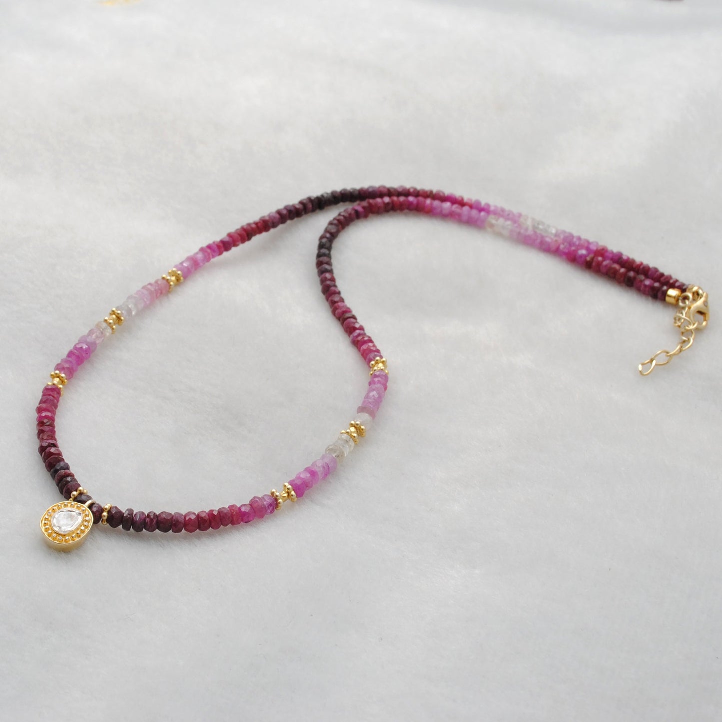 Genuine Ombre Ruby Beaded Necklace with Uncut Diamond Pendant, 925 Sterling Silver, Handmade Jewelry Gift