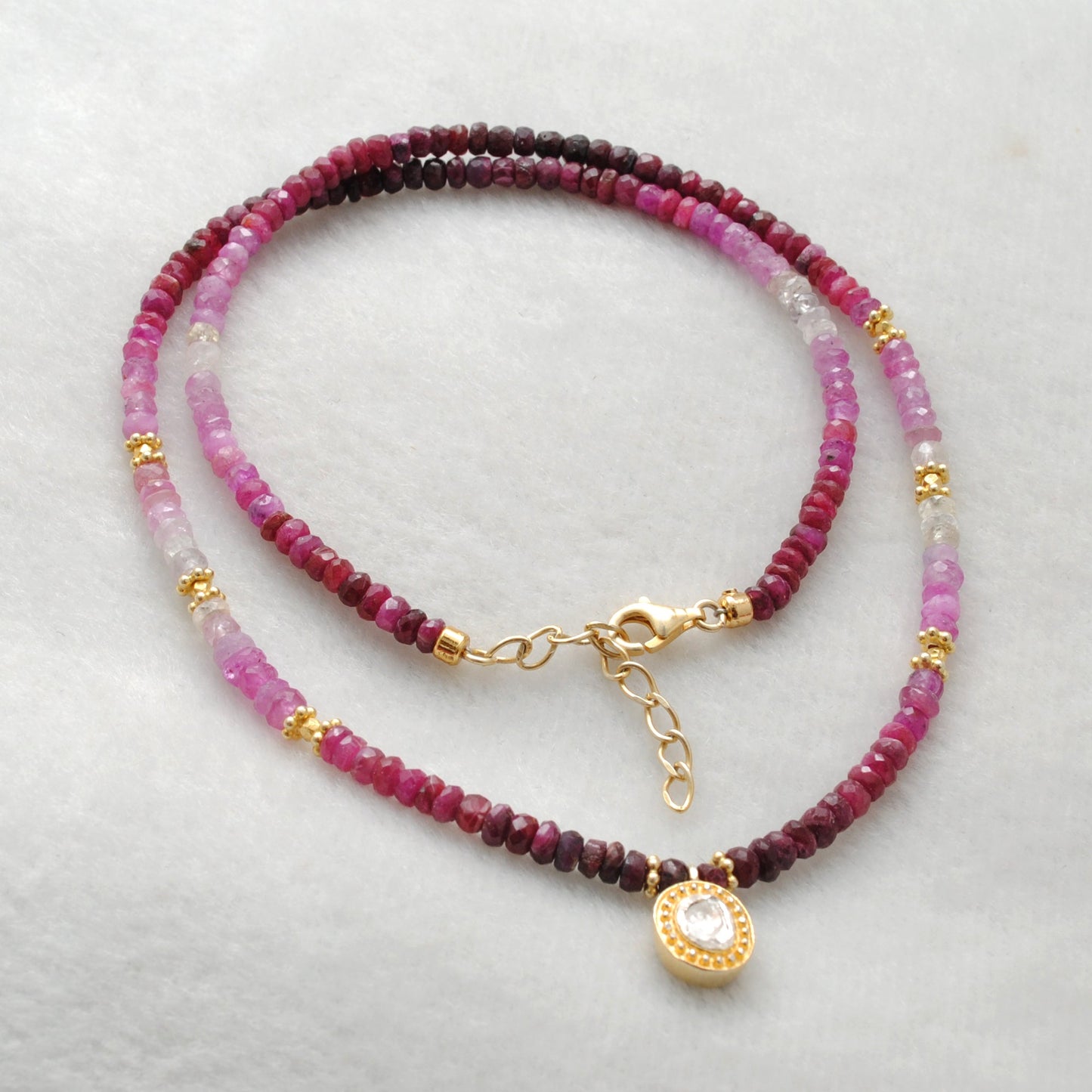 Genuine Ombre Ruby Beaded Necklace with Uncut Diamond Pendant, 925 Sterling Silver, Handmade Jewelry Gift