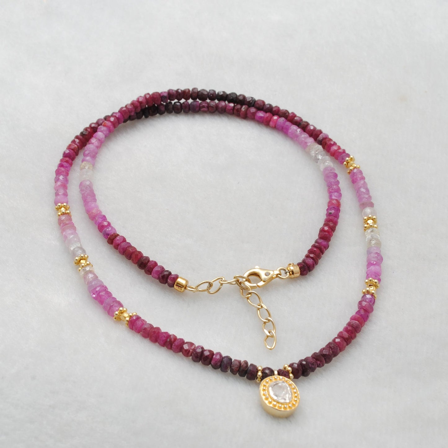 Genuine Ombre Ruby Beaded Necklace with Uncut Diamond Pendant, 925 Sterling Silver, Handmade Jewelry Gift