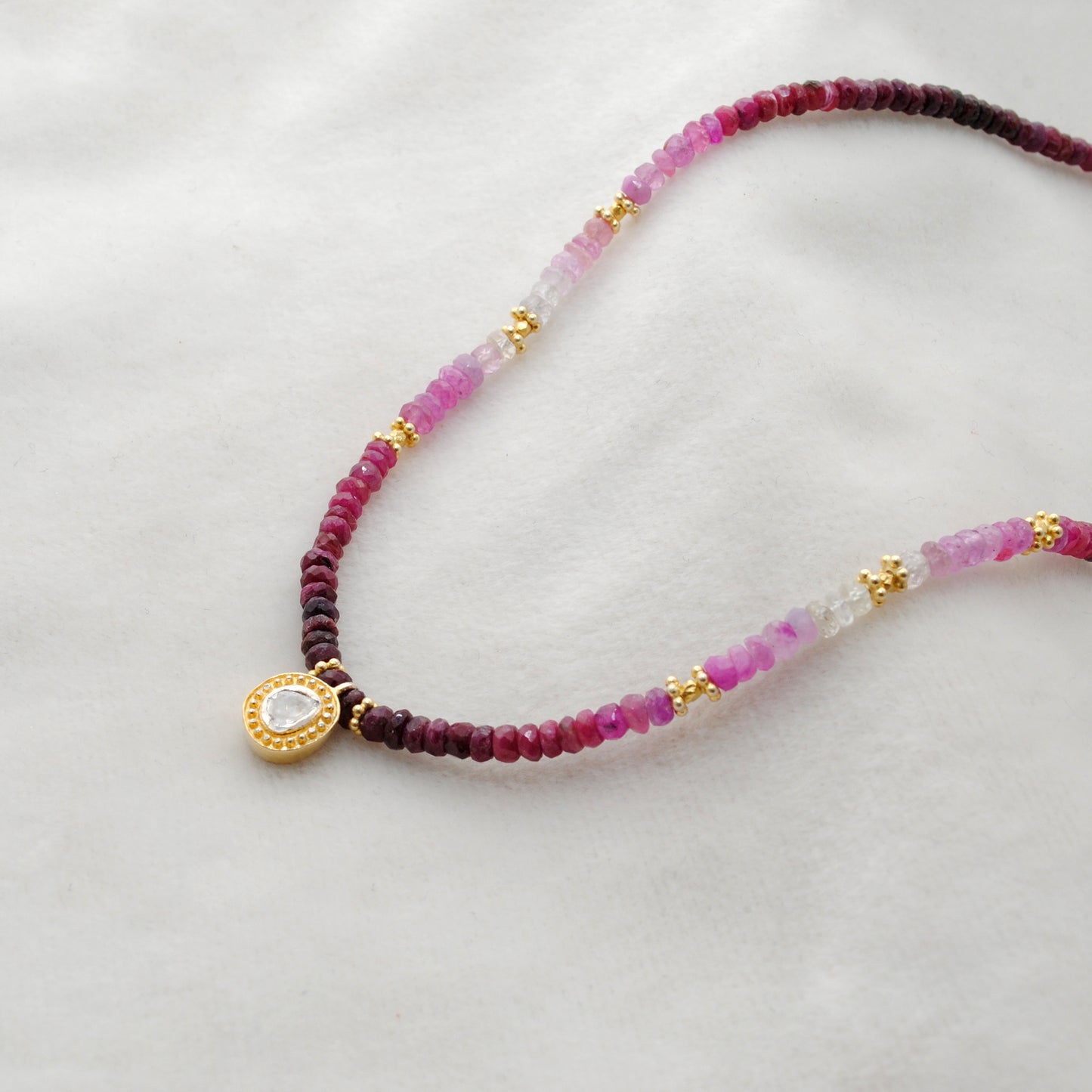 925 Sterling Silver Ruby Shaded Beaded Necklace with Polki Diamond Pendant