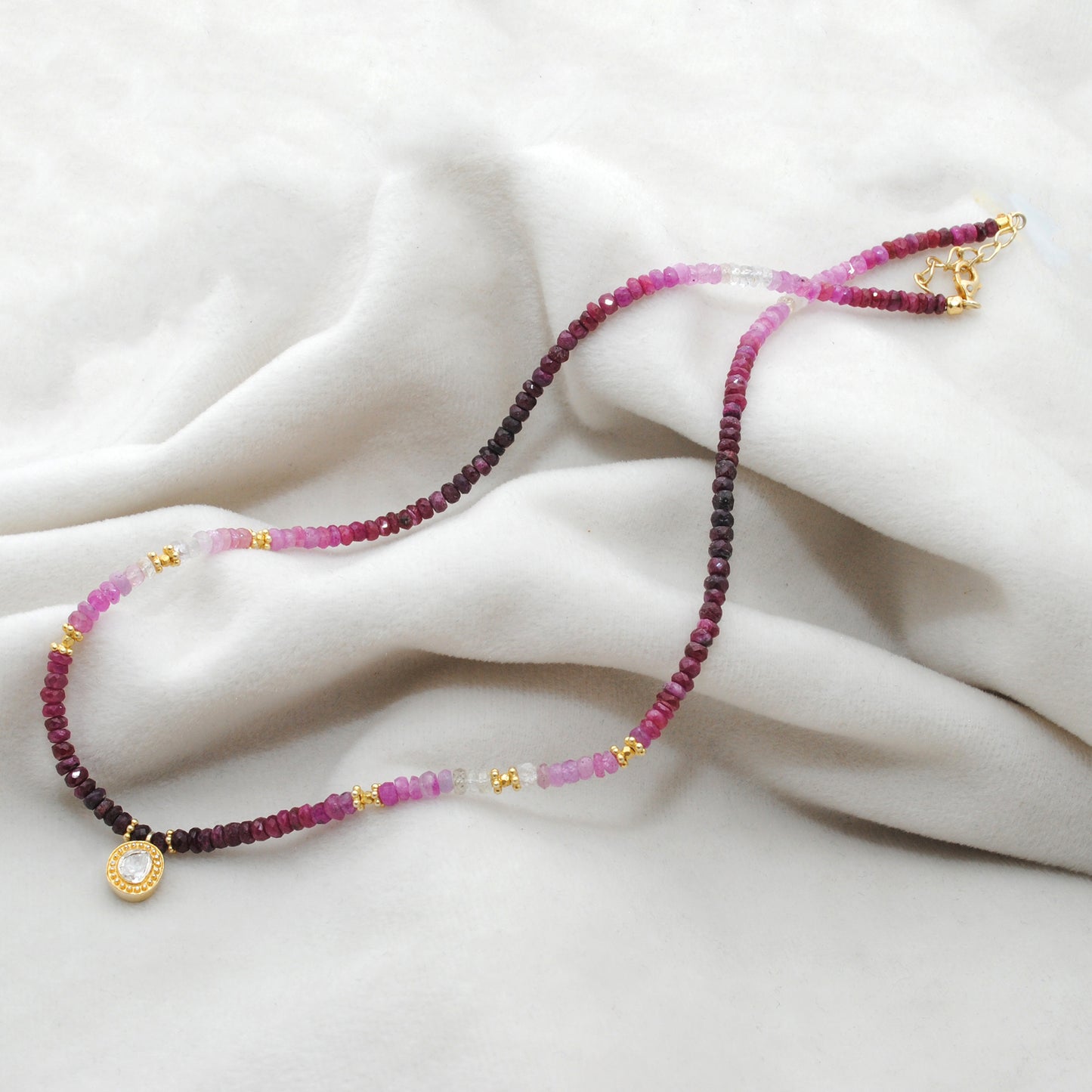 925 Sterling Silver Ruby Shaded Beaded Necklace with Polki Diamond Pendant