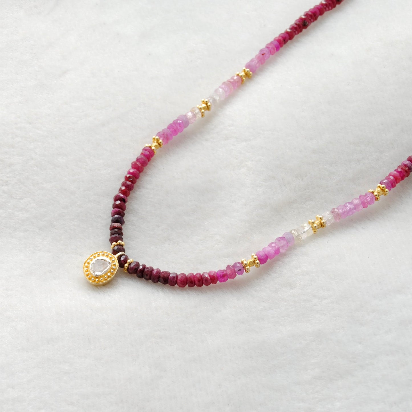 Genuine Ombre Ruby Beaded Necklace with Uncut Diamond Pendant, 925 Sterling Silver, Handmade Jewelry Gift