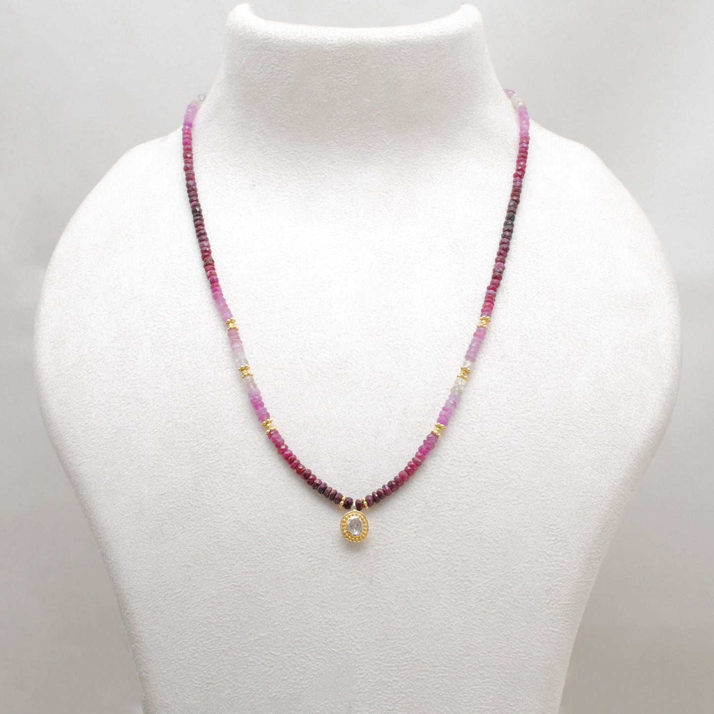 Genuine Ombre Ruby Beaded Necklace with Uncut Diamond Pendant, 925 Sterling Silver, Handmade Jewelry Gift