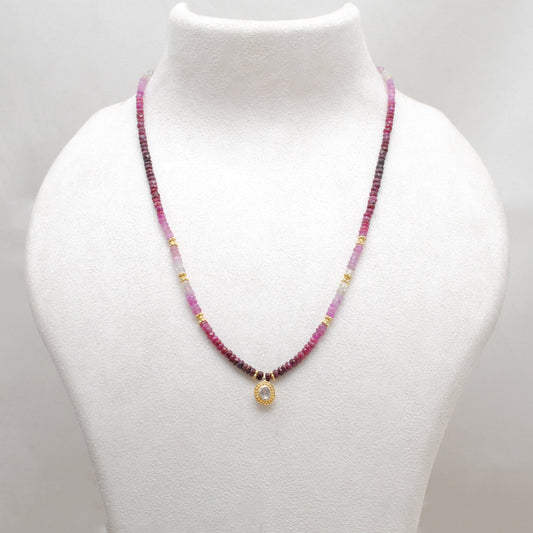 Genuine Ombre Ruby Beaded Necklace with Uncut Diamond Pendant, 925 Sterling Silver, Handmade Jewelry Gift