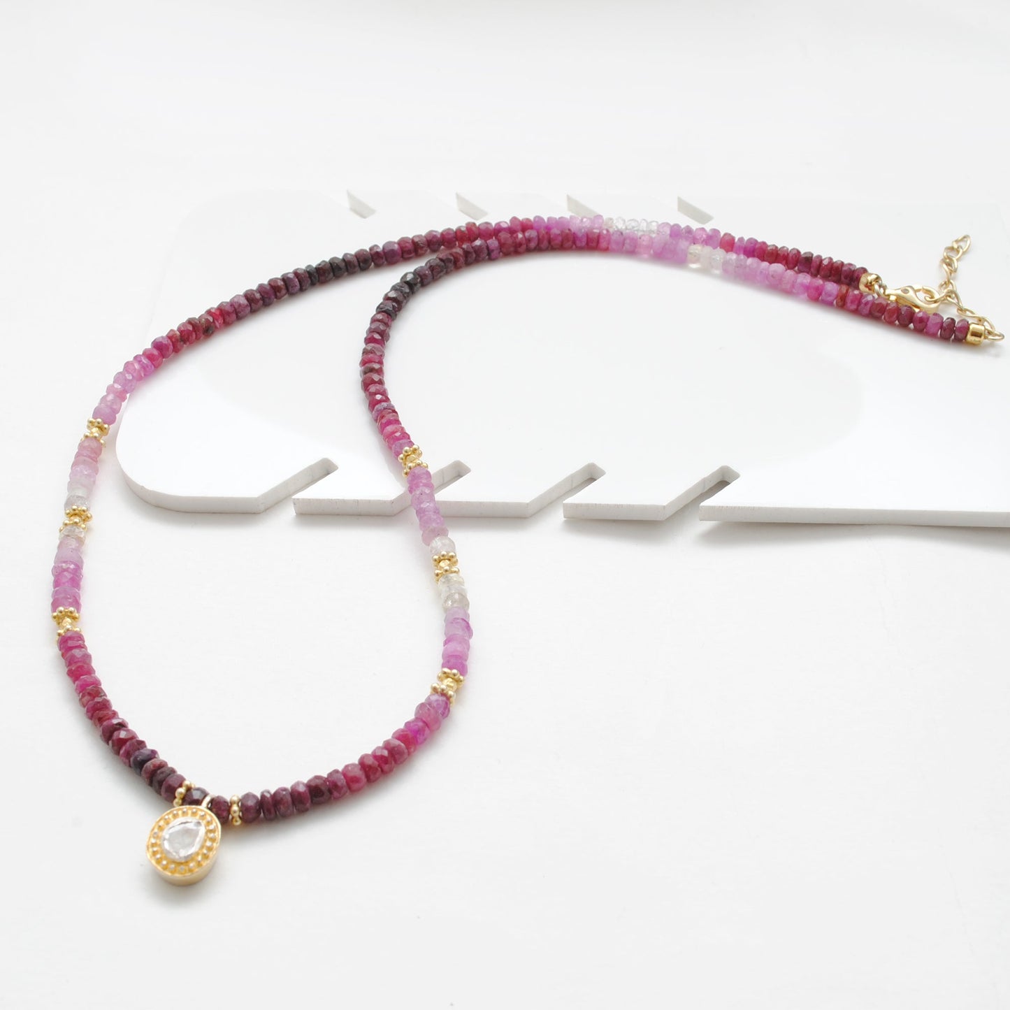 Genuine Ombre Ruby Beaded Necklace with Uncut Diamond Pendant, 925 Sterling Silver, Handmade Jewelry Gift