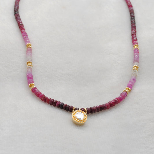 925 Sterling Silver Ruby Shaded Beaded Necklace with Polki Diamond Pendant - view 3