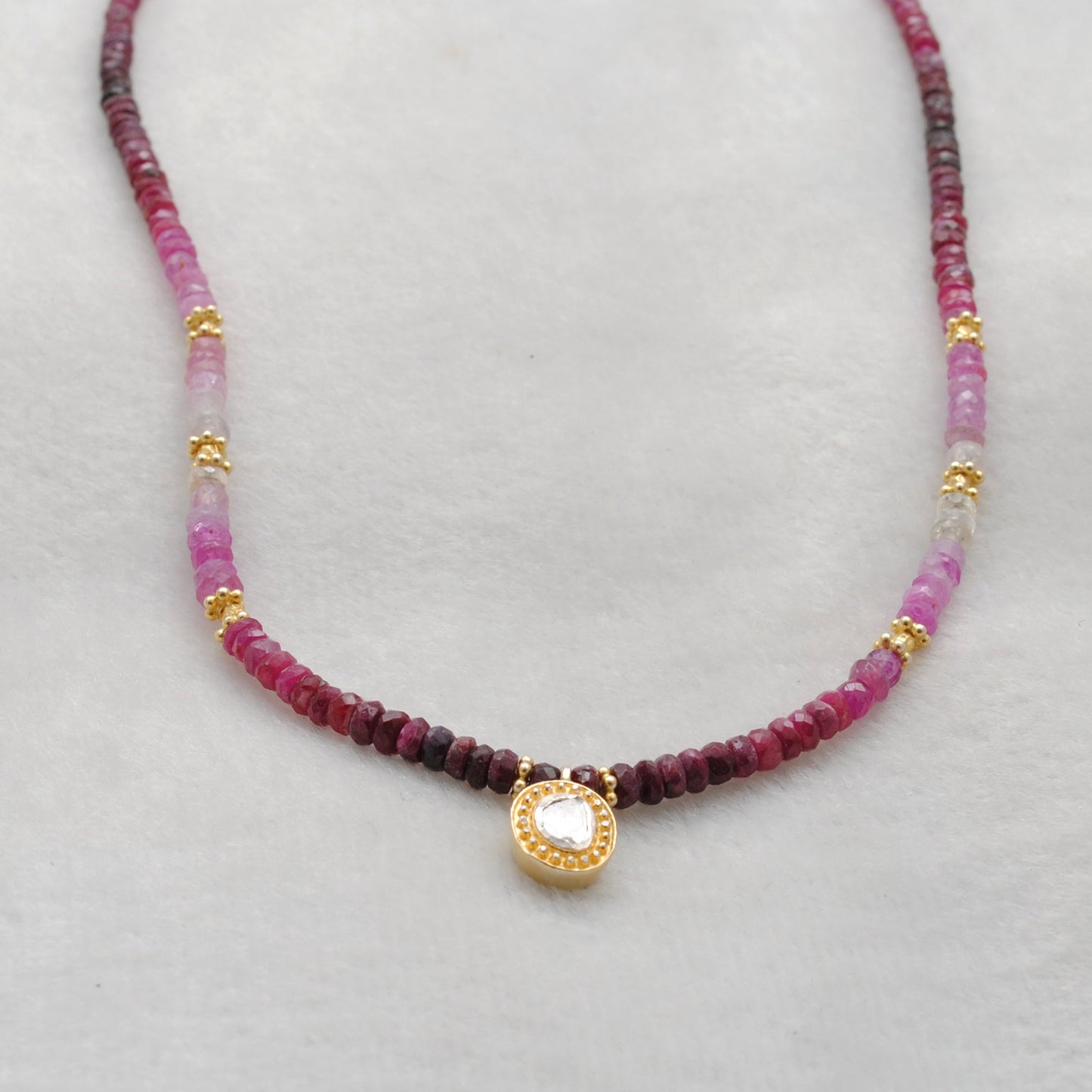 Genuine Ombre Ruby Beaded Necklace with Uncut Diamond Pendant, 925 Sterling Silver, Handmade Jewelry Gift