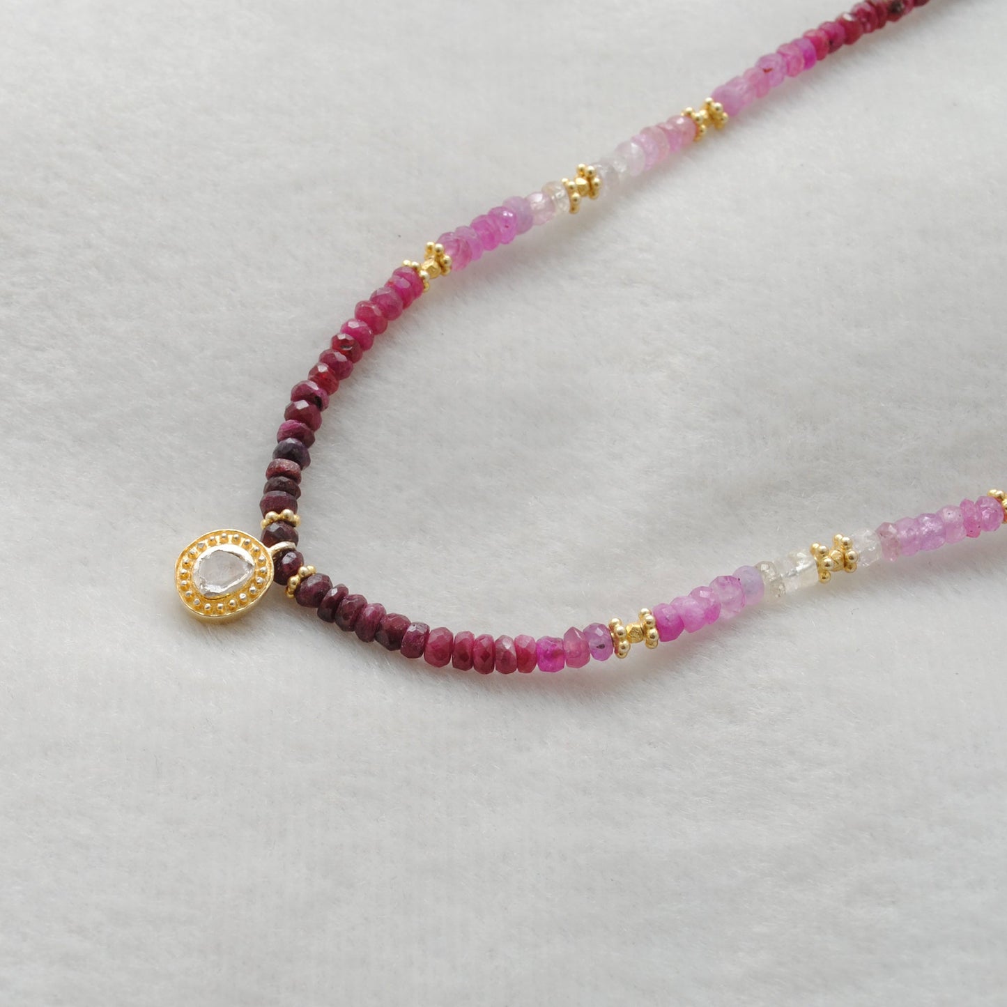 Genuine Ombre Ruby Beaded Necklace with Uncut Diamond Pendant, 925 Sterling Silver, Handmade Jewelry Gift