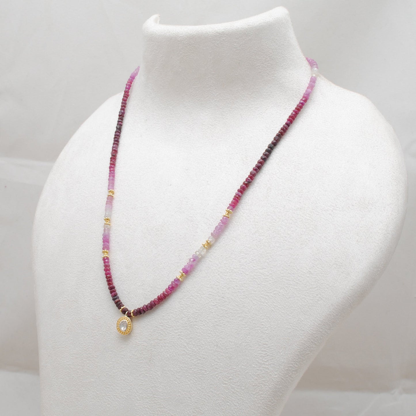 Genuine Ombre Ruby Beaded Necklace with Uncut Diamond Pendant, 925 Sterling Silver, Handmade Jewelry Gift
