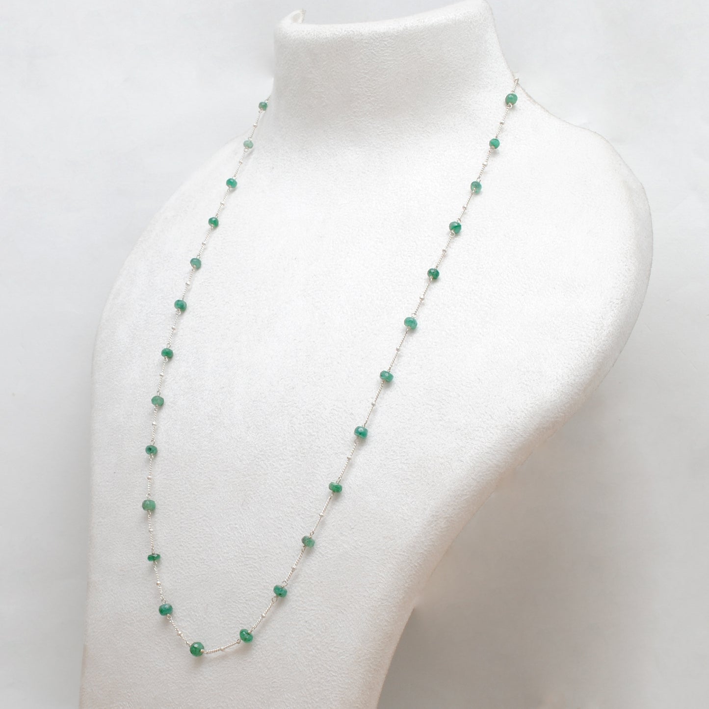 925 Silver 19" Emerald Beaded Necklace – 4mm Faceted Rondelle Gemstones