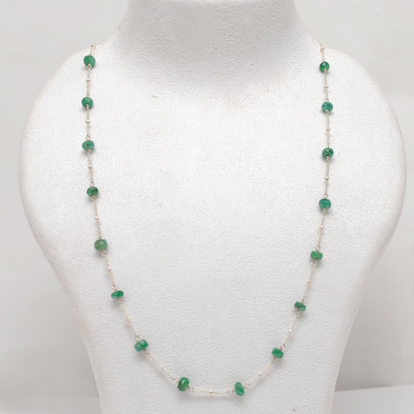 925 Silver 19" Emerald Beaded Necklace – 4mm Faceted Rondelle Gemstones