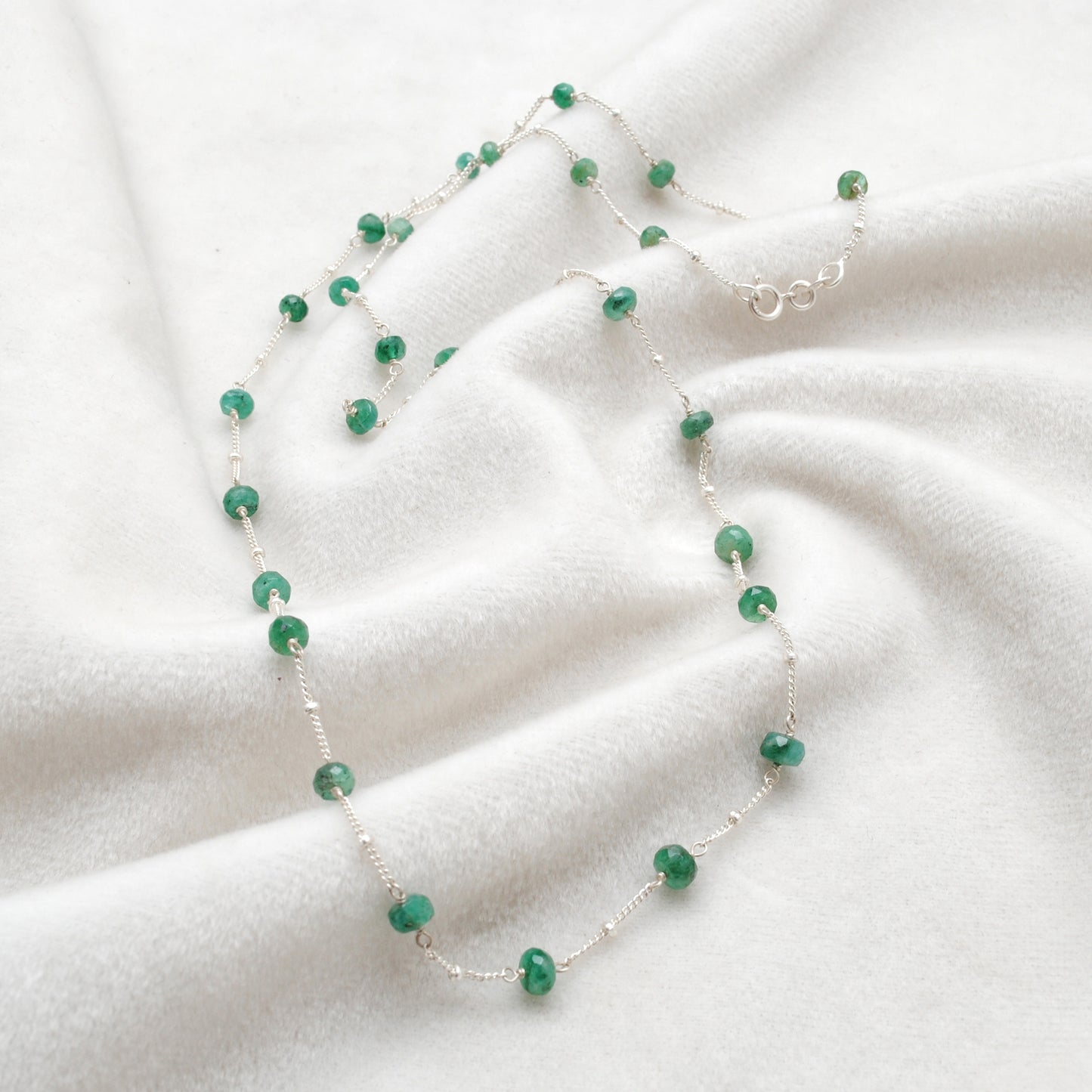 925 Silver 19" Emerald Beaded Necklace – 4mm Faceted Rondelle Gemstones