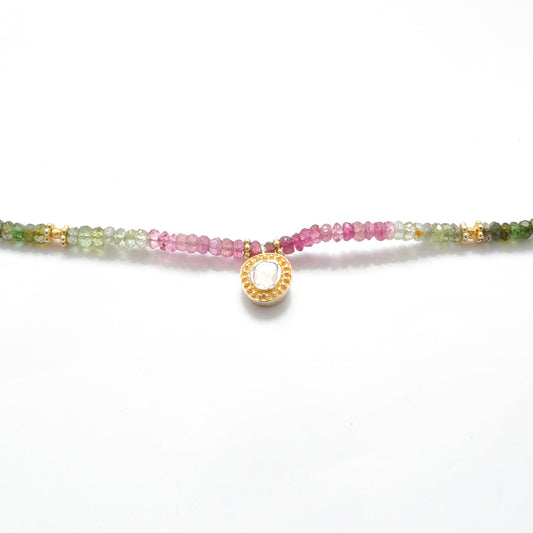 925 Sterling Silver Tourmaline Rondelle Beaded Necklace with Rose Cut Diamond Pendant, Handmade Gift - view 3